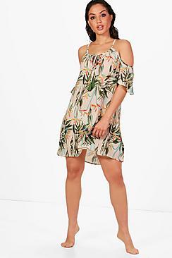 Boohoo Rae Tropical Bird Cold Shoulder Sun Dress