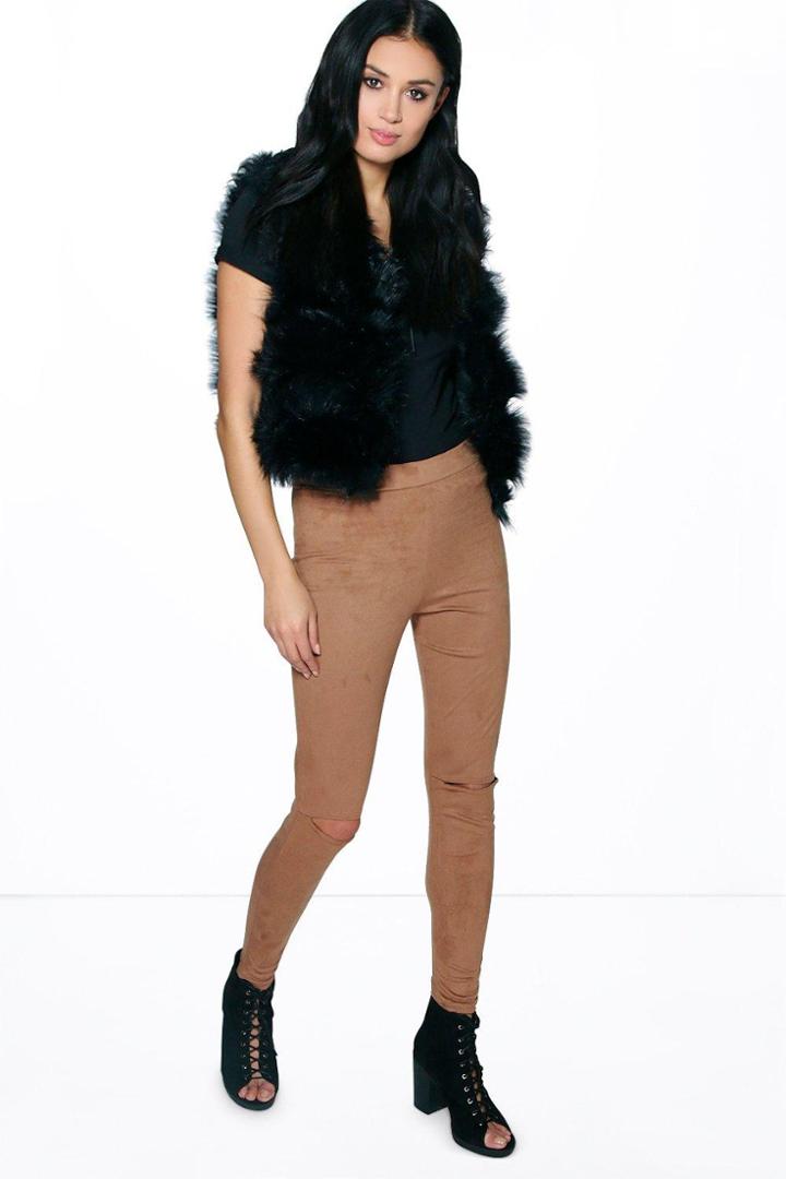 Boohoo Naia Split Knee Suedette Leggings Tobacco