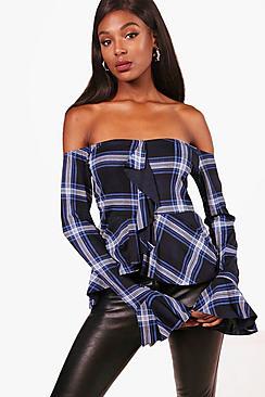 Boohoo Victoria Check Ruffle Peplum Top