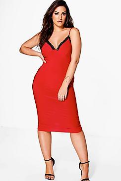 Boohoo Plus Libby Lace Detail Plunge Slinky Midi Dress