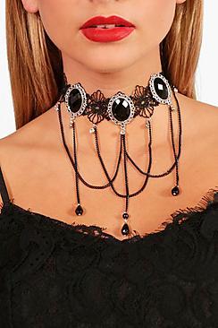 Boohoo Chelsea Lace Stone Bead Drop Choker