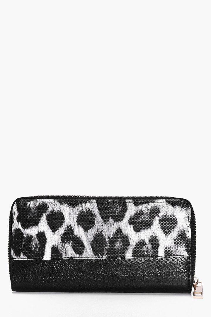 Boohoo Sofia Animal Print Zip Around Purse Black