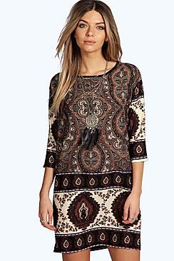 Boohoo Nina Paisley Print 3/4 Sleeve Shift Dress