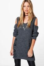 Boohoo Lacey Distressed Cold Shoulder Jumper Grey