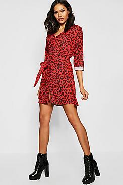 Boohoo Red Leopard Pocket Front Shirt Dress