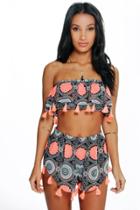 Boohoo Lyla Print Bardot Tassel Top And Short Co-ord Set Multi