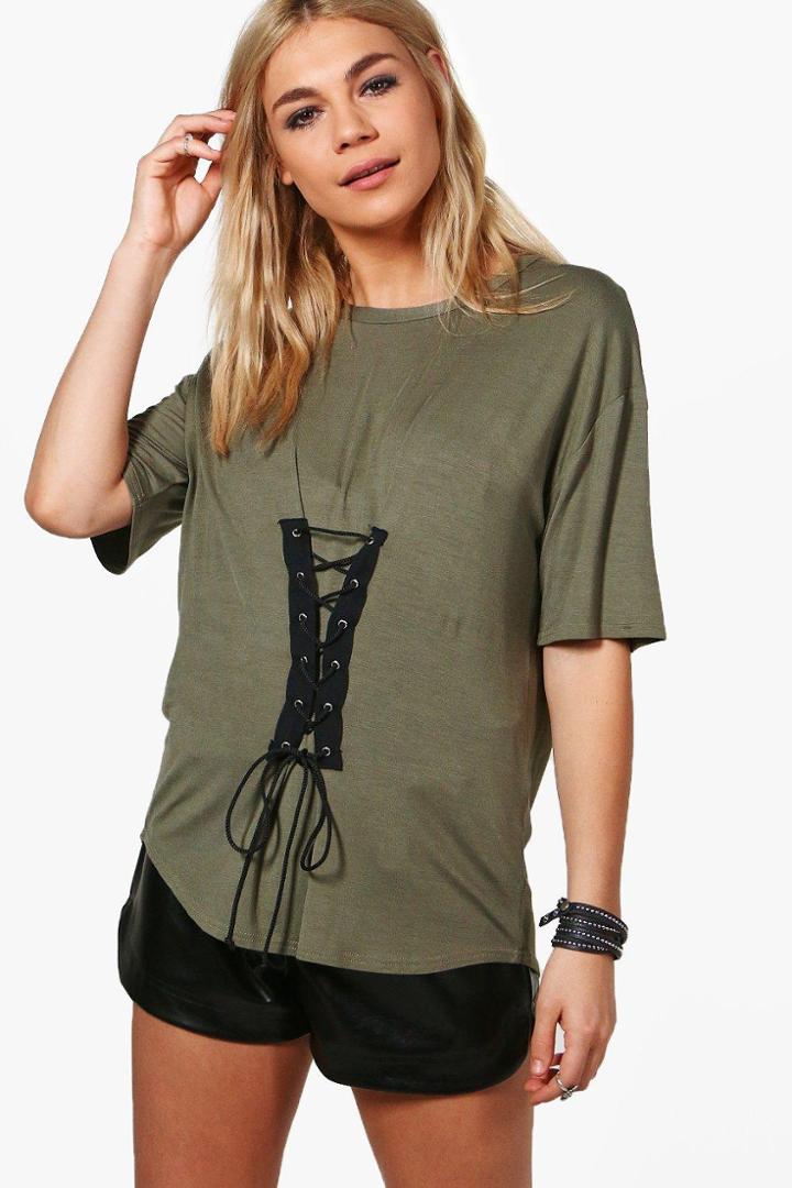 Boohoo Sophia Lace Up Detail Oversized T-shirt Khaki
