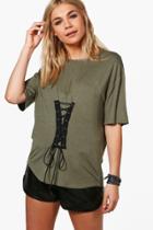 Boohoo Sophia Lace Up Detail Oversized T-shirt Khaki