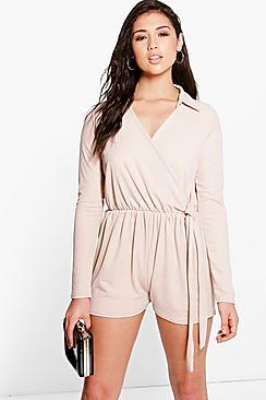 Boohoo Megan Shirt Style Wrap Front Playsuit