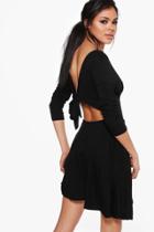 Boohoo Yasmin Tie Back Long Sleeve Skater Dress Black