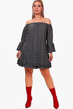 Boohoo Plus Liv Off The Shoulder Polka Dot Ruffle Dress
