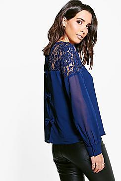 Boohoo Hattie Long Sleeve Lace Bow Blouse