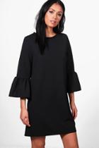 Boohoo Lacey Scuba Crepe Frill Sleeve Shift Dress Black