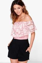 Boohoo Lizzie Pastel Lace Off The Shoulder Top Peach