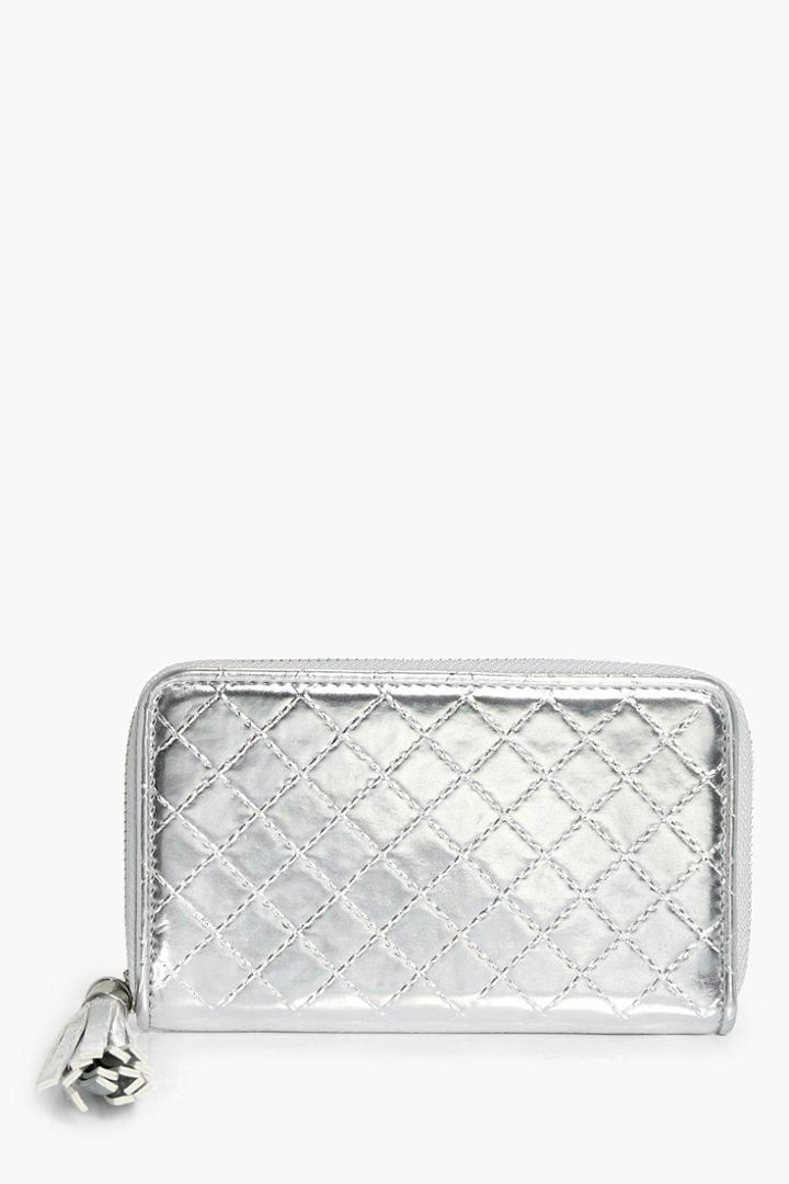 Boohoo Millie Quilted Ziparound Purse Silver