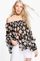 Boohoo Suzzie Rose Print Frill Sleeve Bardot Top Black