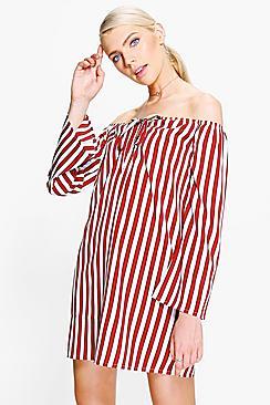 Boohoo Lottie Stripe Off Shoulder Shift Dress