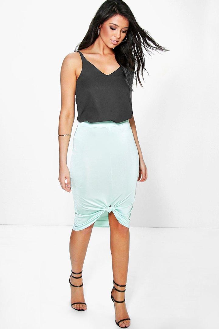 Boohoo Delliah Knot Hem Slinky Midi Skirt Sage