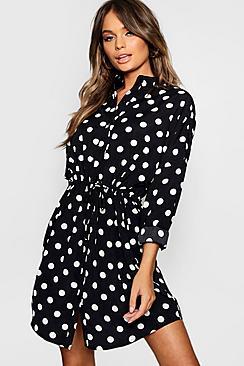 Boohoo Button Through Polka Dot Shirt Dress