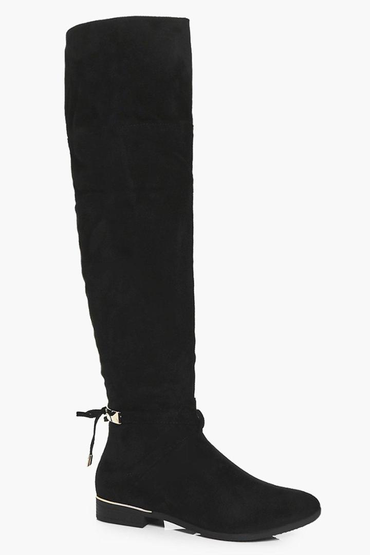 Boohoo Tia Metallic Clip Back Knee High Flat Boot Black