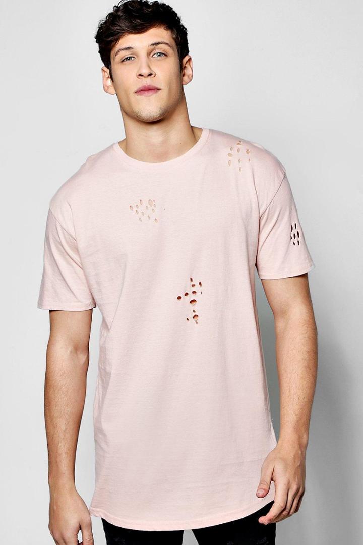 Boohoo Longline Distressed T Shirt Pink