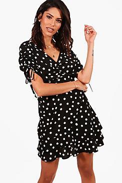 Boohoo Di Ruched Bust Drawcord Sleeve Tea Dress
