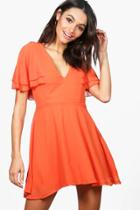 Boohoo Melodie Chiffon Frill Sleeve Skater Dress Orange
