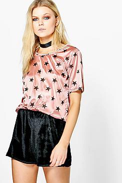 Boohoo Sanzia Star Print Satin Oversized Tee