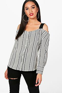 Boohoo Petite Jess Contrast Stripe Cold Shoulder Blouse