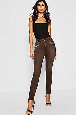 Boohoo Mid Rise Embellished Front Skinny Jeans