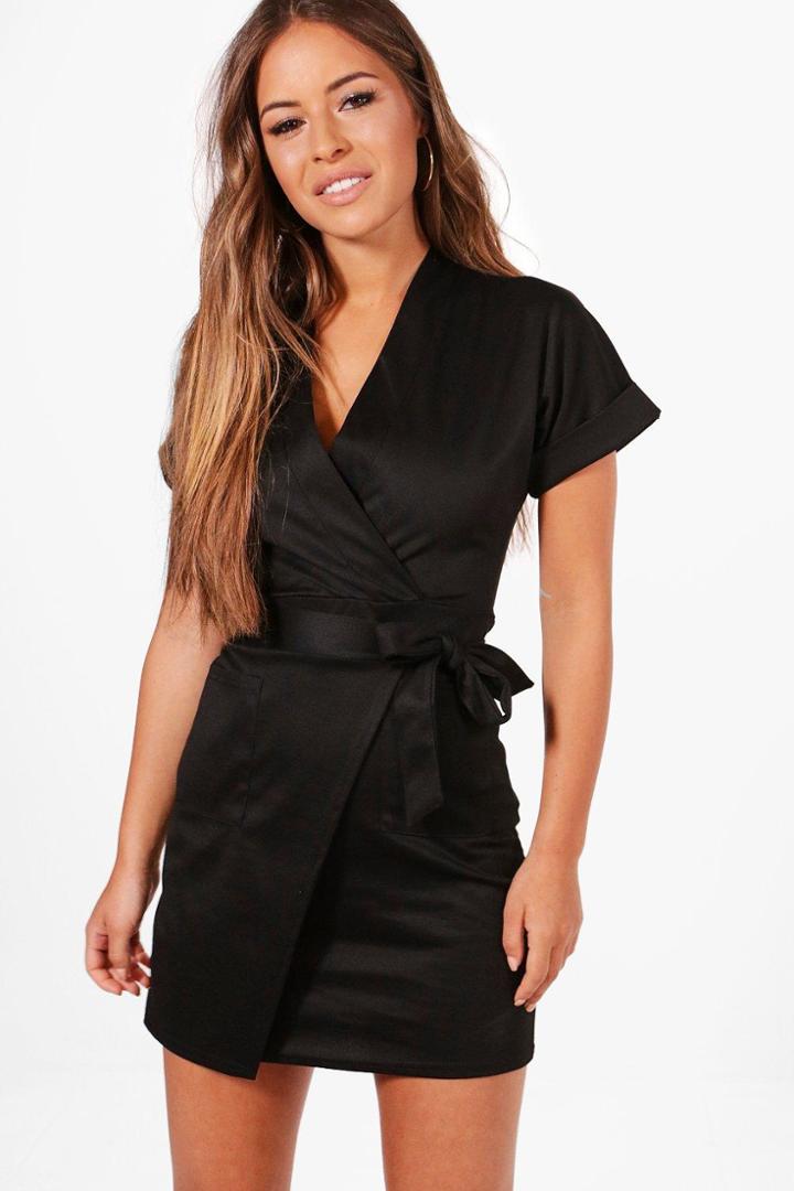 Boohoo Petite Loredana Obie Tie Wrap Dress Black