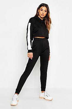 Boohoo Side Stripe Cropped Hoody And Jogger Set