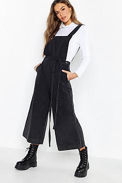 Boohoo Open Back Tie Waist Wide Leg Denim Jumpsuit