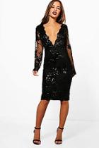 Boohoo Petite Lucy Sequin And Mesh Long Sleeve Midi Dress
