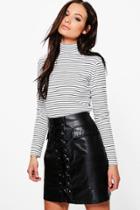 Boohoo Scarlett Striped Roll Neck Top White