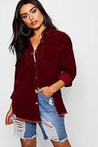 Boohoo Carli Burgundy Cord Raw Hem Shirt