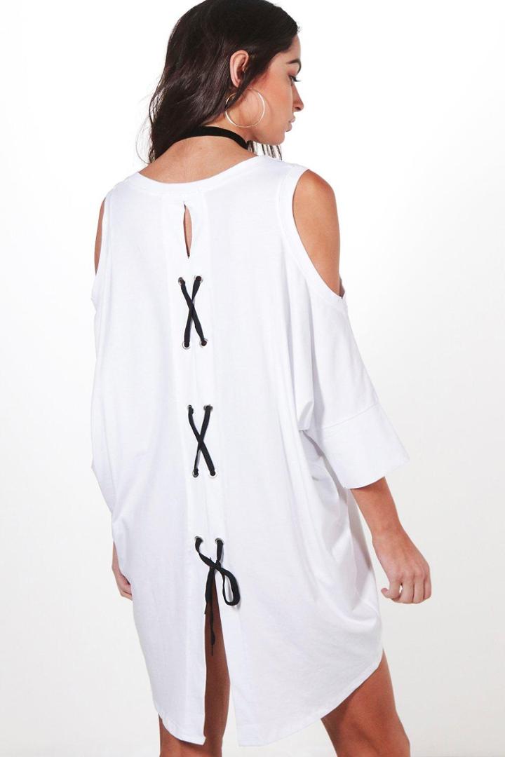 Boohoo Izzy Lace Up Back Oversized T-shirt Dress White