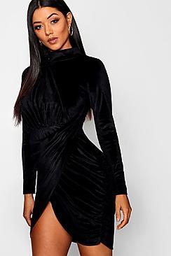 Boohoo High Neck Velvet Drape Dress