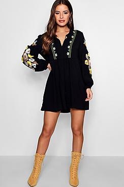 Boohoo Petite Sophie Heavily Embroidered Smock Dress