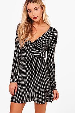 Boohoo Si Spot Print Ruffle Crop Front Skater Dress