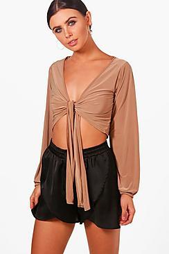 Boohoo Petite Volume Sleeve Slinky Knot Front Top