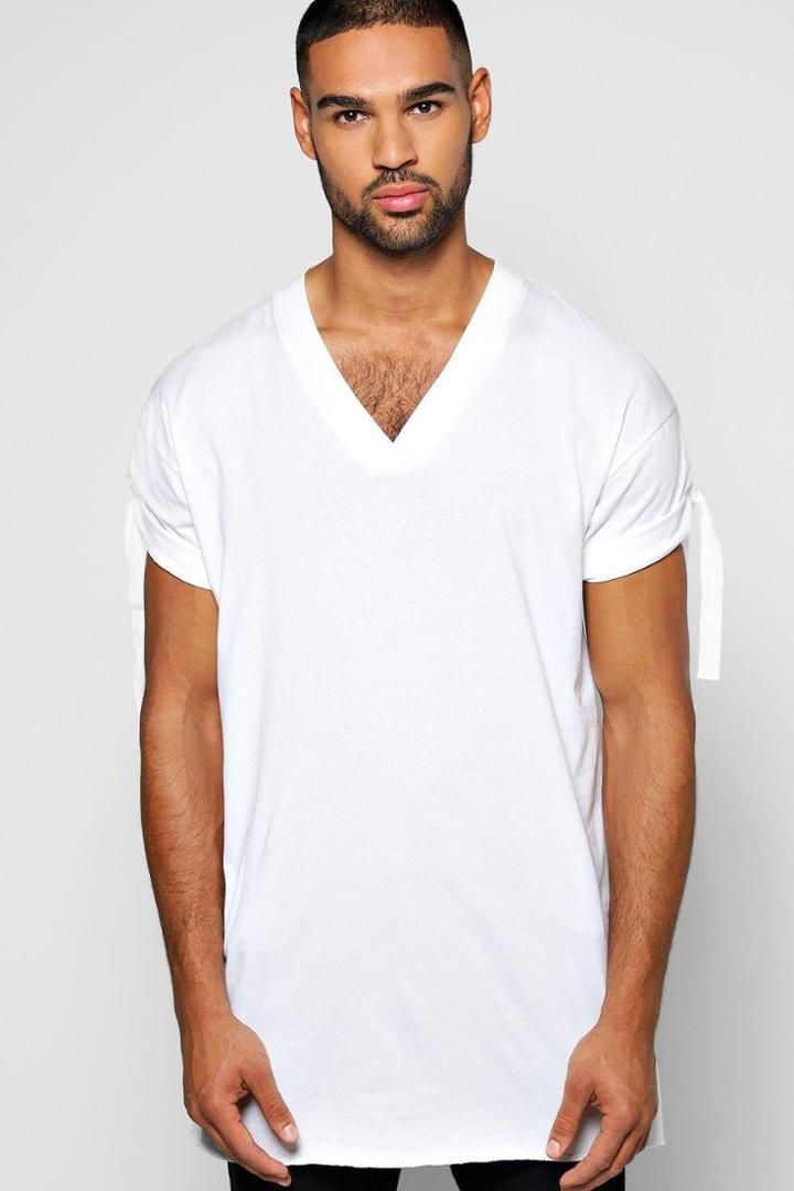 Boohoo Longline Tie Turn Up Sleeved Tee White