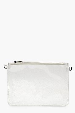 Boohoo Clear Glitter Ziptop Clutch