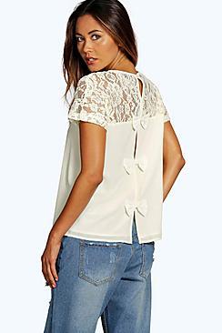 Boohoo Hattie Lace Yoke Bow Back Woven Shell Top