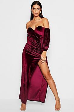 Boohoo Velvet Off Shoulder Sweetheart Maxi Dress