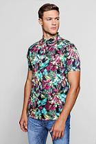 Boohoo Bright Palm Print Short Sleeve Satin Shirt