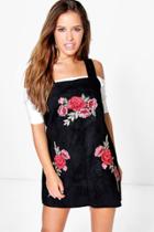 Boohoo Petite Gaby Embroidered Suede Pinafore Dress Black