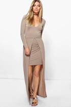 Boohoo Tasha Wrap Front Skirted Maxi Dress Sand