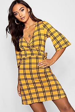 Boohoo Petite Checked Wrap Kimono Sleeve Dress