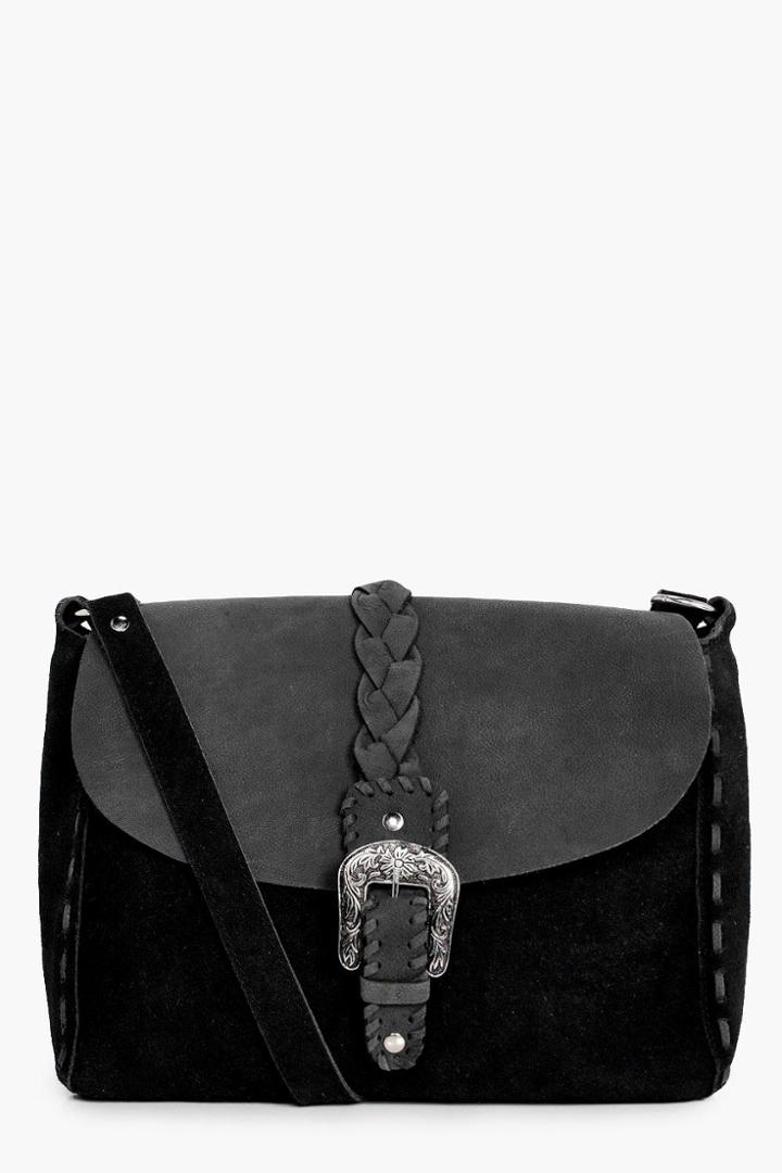 Boohoo Ellie Boutique Leather & Suede Buckle Cross Body Bag Black